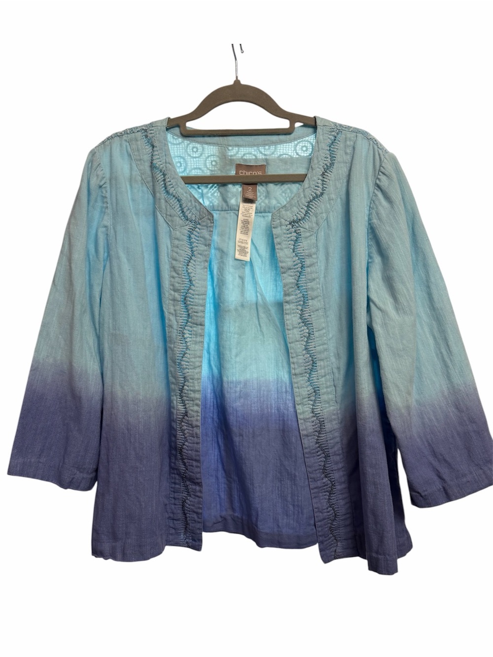 Chico's Blue and Purple Ombré Open-Front Shrug Jacket.